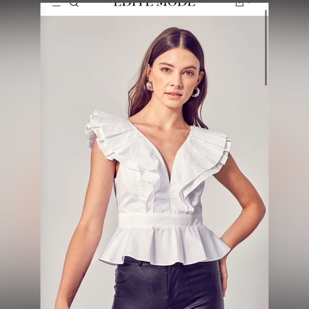 Edite Mode White Ruffle V-Neck Peplum Blouse | Size S | NWOT